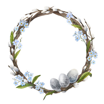 Watercolor illustration of a wreath with easter eggs, forget-me-nots and pussy-willow isolated