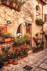 Obraz na płótnie Canvas narrow street and flowers in the town of spello in umbria, italy