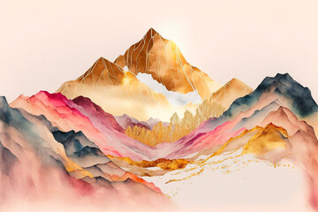Fototapeta na wymiar Abstract mountains, design for prints, postcards or wallpaper with golden elements. AI