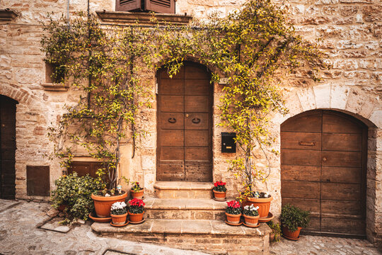 old house door and flowers in the town of spello in umbria, italy