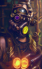 multicolored steampunk cyborg with helmet, sketch style illustration, generative ai (these depiction is fictitious and generated)