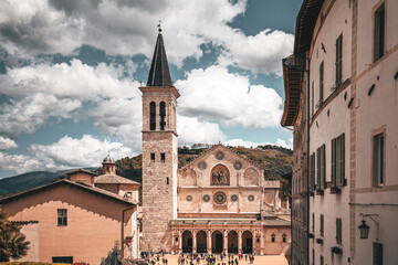 square and ancient church in the town of spoleto in umbria, italy