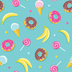 Donut, ice cream, lollipop banana seamless pattern. Cartoon sweet food. Vector illustration.