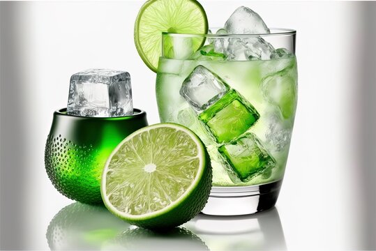 Shot Glass With Lime Wedge On Ice, Isolated On White. Generative AI