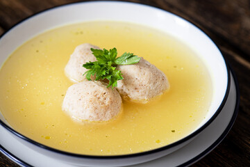 Delicious Matzo ball soup, Jewish traditional cuisine.Passover food