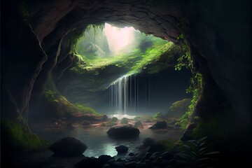 Obraz premium Waterfall inside a Cave. Generative AI