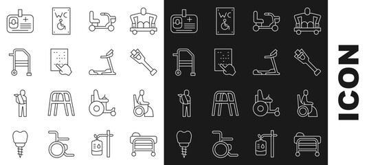 Set line Stretcher, Woman in wheelchair, Prosthesis leg, Electric, Braille, Walker, Identification badge and Treadmill machine icon. Vector