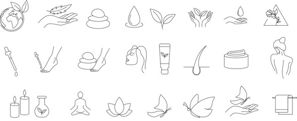 Cosmetic products, essential oil, fragrances, spa, body massage, hair serum line icon set vector illustration 