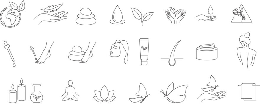 Cosmetic products, essential oil, fragrances, spa, body massage, hair serum line icon set vector illustration 