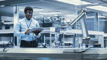 Young Black Male Engineer Using a Tablet Computer, Researching and Developing a Futuristic Robotic Arm Machine in a High Tech Industrial Laboratory with Modern Equipment.