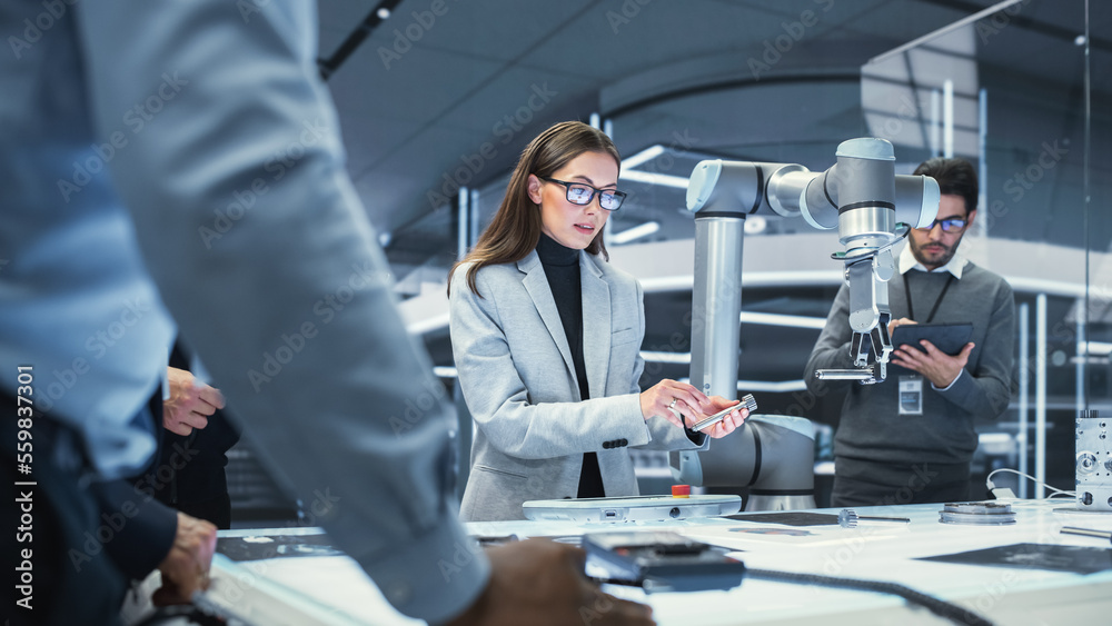 Aufkleber Female Industrial Robotics Engineer Discussing the Development of a Robotic Arm Machine with Her Colleagues. Specialists with Laptop and Tablet Computers Research the Possibilities of the Robot.