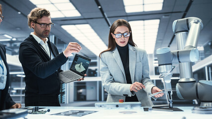 Team Leader Working with Robotics Engineers on a Robot Arm Project, Discussing the Project in Scientific Technology Lab. Young Team Researching and Developing an AI Robotic Arm in Industrial Facility.