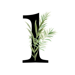 Number 1 with watercolor tropical leaves. Floral monogram for your design. Perfect for wedding and greeting cards.