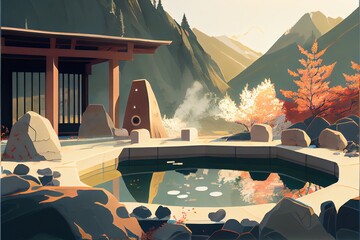 Natural hot spring bath surrounded by mountains. Generative AI