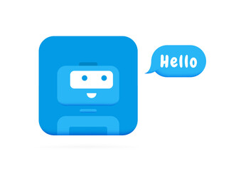 Chatbot character say HELLO. Cute 3d Bot sign. Chat bot logo design. Bot for online consultation and support service. Flat vector illustration