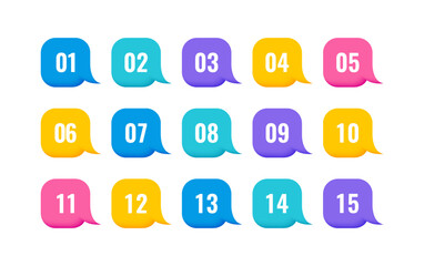 Super set colorful 3d bullet point on white background. Colorful markers with number from 1 to 15. Modern vector illustration