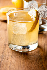 Whiskey sour. Classic Cocktail. Mixed drink with whiskey, lemon juice, sugar, and optionally, a dash of egg white. It is a type of sour, a mixed drink with base spirit, citrus juice, and a sweetener. 