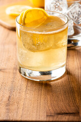 Whiskey sour. Classic Cocktail. Mixed drink with whiskey, lemon juice, sugar, and optionally, a dash of egg white. It is a type of sour, a mixed drink with base spirit, citrus juice, and a sweetener. 