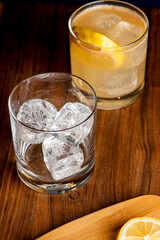 Whiskey sour. Classic Cocktail. Mixed drink with whiskey, lemon juice, sugar, and optionally, a dash of egg white. It is a type of sour, a mixed drink with base spirit, citrus juice, and a sweetener. 