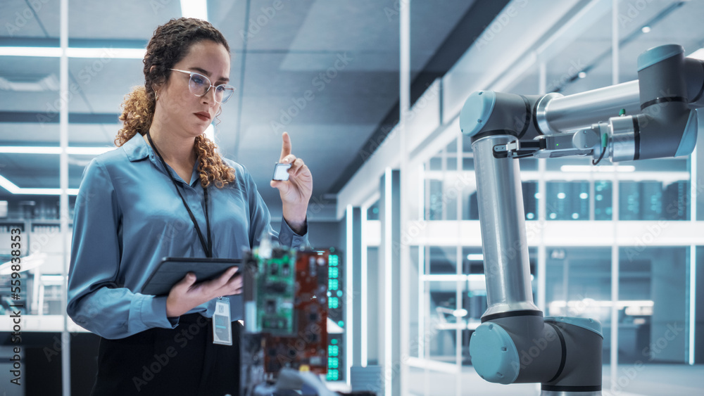 Aufkleber Diverse Industrial Robotics Engineer Experimenting With Robotic Arm. Female Scientist Using Tablet Computer to Manipulate and Program the Robot Hand to Move, Operate and Perform Tasks.