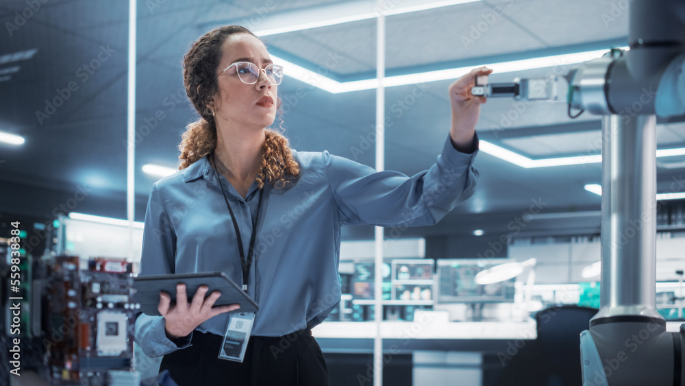 Aufkleber portrait of a young multiethnic female engineer using tablet computer. interacting with a robotic ar