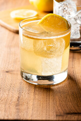 Whiskey sour. Classic Cocktail. Mixed drink with whiskey, lemon juice, sugar, and optionally, a dash of egg white. It is a type of sour, a mixed drink with base spirit, citrus juice, and a sweetener. 