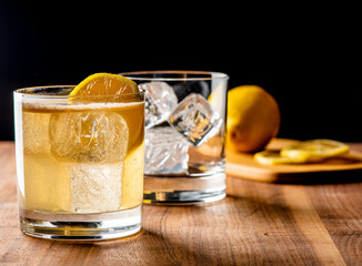 Whiskey sour. Classic Cocktail. Mixed drink with whiskey, lemon juice, sugar, and optionally, a...