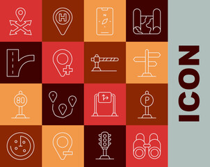 Set line Binoculars, Parking, Road traffic sign, Compass on mobile, Location, and car barrier icon. Vector
