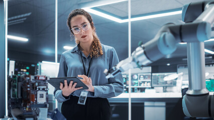Industrial Robotics Engineer Interacting with Robotic Arm During an Experiment in a High Tech Startup. Female Scientist Uses Tablet Computer to Manipulate and Program the Robot to Move a Microchip.