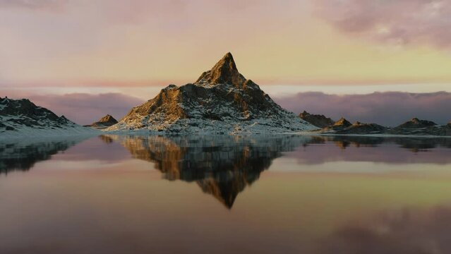 3D render landscape, mountains, snow and lake, sunset sky, copy space.