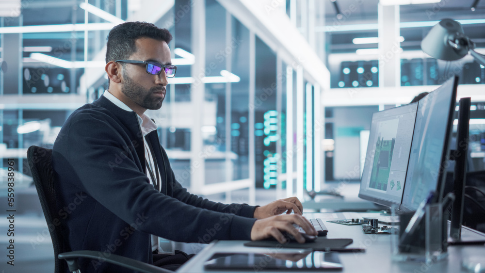 Aufkleber Portrait of a Handsome Hispanic Industrial Engineer Developing 3D Model of a Circuit Motherboard on Computer CAD Software in a Factory. Modern Technological Research and Development Center.