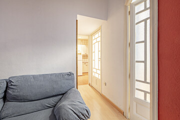 Corner of a living room with a sofa next to a corridor leading to a kitchen with several wooden and glass doors