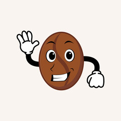 Cute coffee bean cartoon mascot character smiling. Vintage doodle style illustration concept