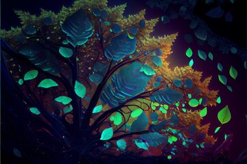 Obraz na płótnie Canvas Leaves of trees in a magical fantasy forest. Generative AI technology