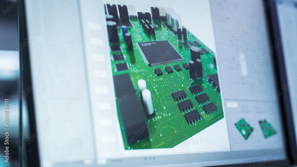 Poster Close Up of a Computer Monitor Display with 3D CAD Software Interface with Digital Electronic Diagram of a Circuit Motherboard Being Designed. Modern Factory Engineer's Office Concept.