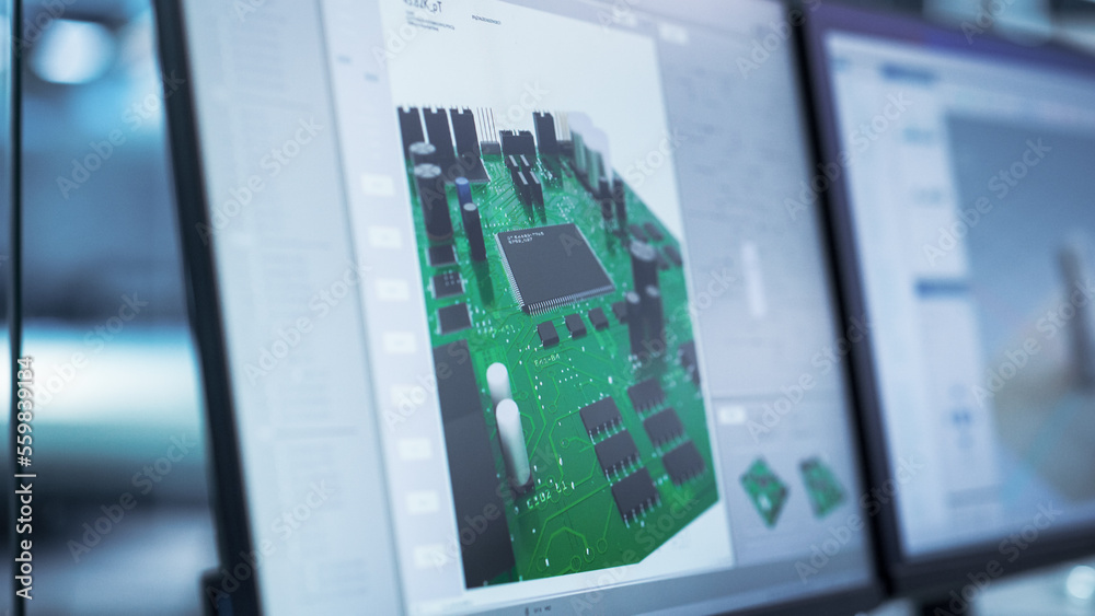 Poster Close Up of a Computer Monitor Screen with Software Utility Tool with Digital Electronic Diagram of a Circuit Motherboard and 3D Model. Technological Research and Development Concept.