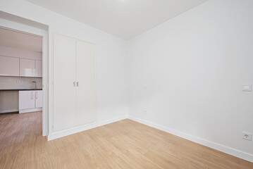 Empty room with a built-in wardrobe with two old white doors with skirting boards and wooden floors and smooth white walls and access to a furnished kitchen