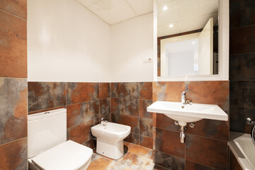 Fototapeta na wymiar Bathroom with mottled tiled wall, white sanitary ware and rectangular mirror on the wall