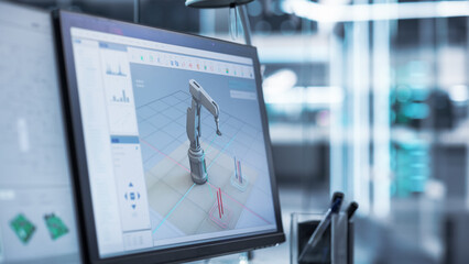 Close Up of a Computer Monitor Display with 3D Software Interface with Digital Robotic Arm Operation Tool. Concept of Technological Research and Development Application.