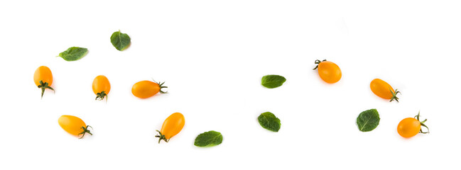 Cherry tomatoes isolated on white. Free space for text. Wide photo.