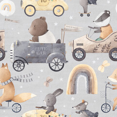 Seamless pattern transports with animals. Watercolor Background. Vintage cars. Beautiful pattern for a child's room. Light grey background.