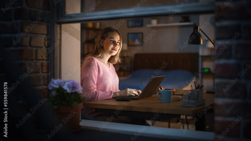 Poster working from home concept: creative female designer using laptop, thinking and creating new visual c