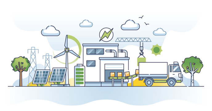 Sustainable Supply Chain With Nature Friendly Distribution Outline Concept. Logistic Management From Warehouse To Shipping Considering Environmental Power And Ecological Factors Vector Illustration.