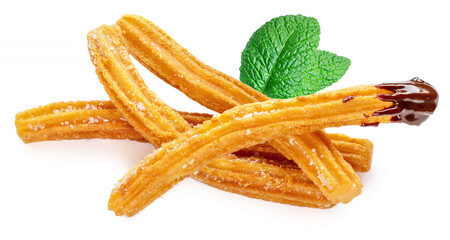 Churros  fried dough pastry with Mentha leaf  and chocolate sauce isolated on a white background. Churro sticks, top view.