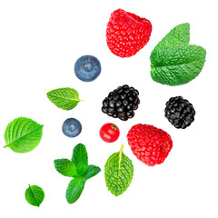 Fresh berries mix isolated on white background, top view. Strawberry, Raspberry leaf, Blueberry and Mint leaves, flat lay. Different falling wild berry fruits collection. Pattern . © nataliazakharova