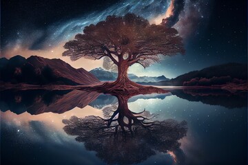 A huge tree of life reminiscent of Yggdrasil reflected in an icy lake at night. Generative AI