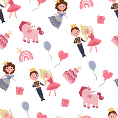 Seamless pattern for children's room. Princesses, princes, rainbows and unicorns. Design for fabric, textile, wallpaper, packaging, nursery.	
