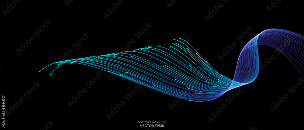Poster vector abstract light lines wavy flowing dynamic in blue green colors isolated on black background f