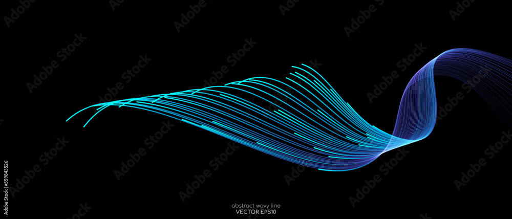 Poster vector abstract light lines wavy flowing dynamic in blue green colors isolated on black background f