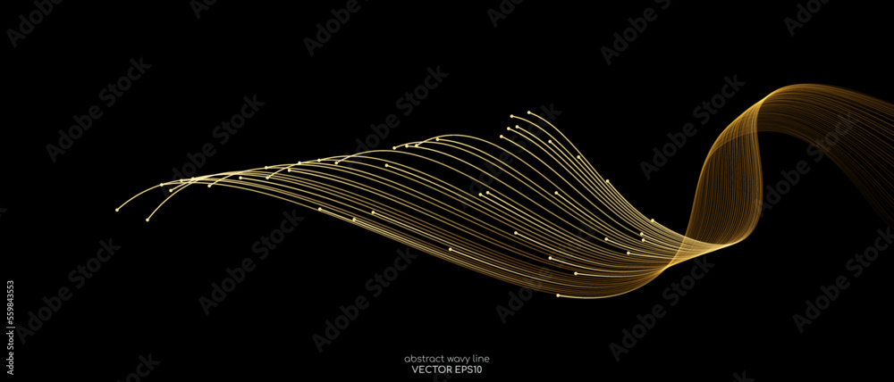 Poster Vector wave lines smooth flowing dynamic gold gradient light isolated on black background for concept of luxury, technology, digital, communication, science, music